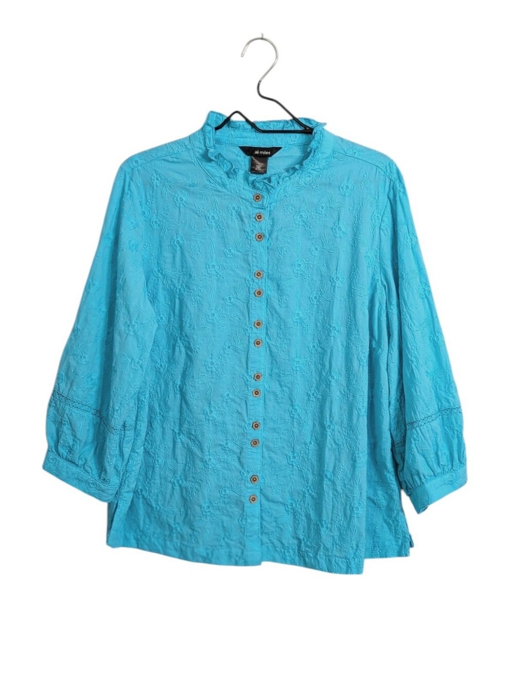 Ali Miles Blue Embroidered Eyelet Floral Tunic Size L Button Front 3/4 Sleeve